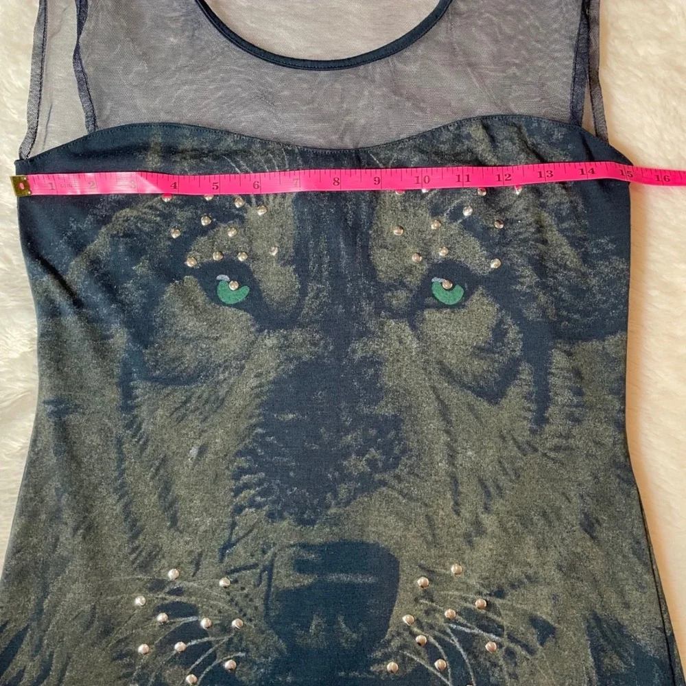rue21 Womens Wolf Graphic Rhinestone Mesh Yoke Sleeveless Tunic Top M Whimsigoth